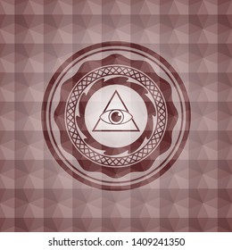 illuminati pyramid icon inside red emblem or badge with geometric pattern background. Seamless.