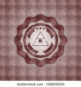 illuminati pyramid icon inside red seamless geometric badge.