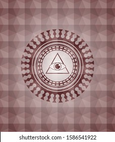 illuminati pyramid icon inside red badge with geometric pattern. Seamless.
