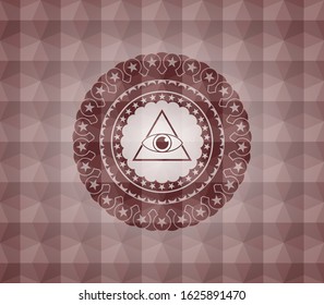 illuminati pyramid icon inside red emblem or badge with geometric pattern background. Seamless.