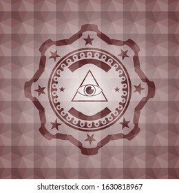 illuminati pyramid icon inside red polygonal badge. Seamless.
