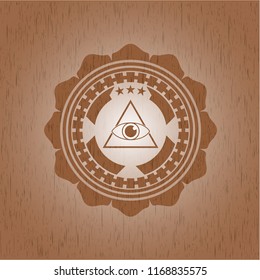 illuminati pyramid icon inside retro style wooden emblem