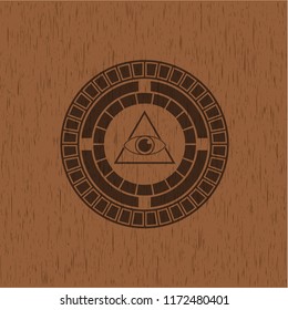 illuminati pyramid icon inside retro style wooden emblem