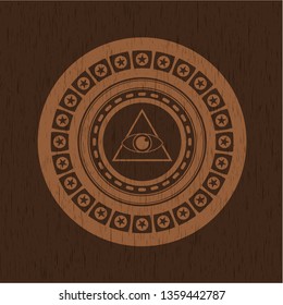 illuminati pyramid icon inside retro wooden emblem