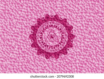 icono de la pirámide de illuminati dentro del emblema rosa estilo retro con fondo de burbujas. Ilustración vectorial. Detallado. 