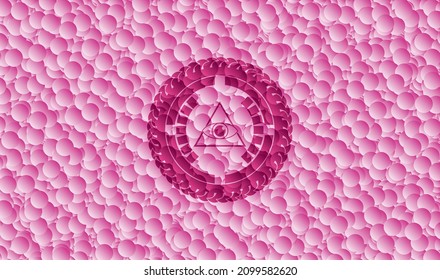 illuminati pyramid icon inside retro style pink emblem with bubbles background. Vector Illustration. Detailed. 