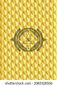 illuminati pyramid icon inside shiny golden emblem. Scales pattern. Vector Illustration. Detailed. 