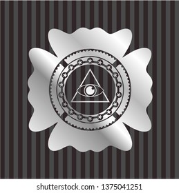illuminati pyramid icon inside silver badge or emblem