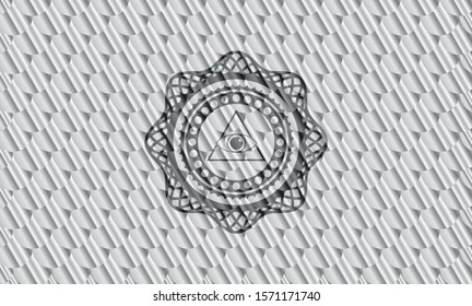 illuminati pyramid icon inside silver color badge or emblem. Scales pattern. Vector Illustration. Detailed.