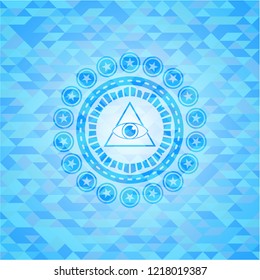 illuminati pyramid icon inside sky blue mosaic emblem