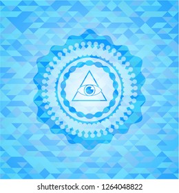 illuminati pyramid icon inside sky blue emblem with mosaic background