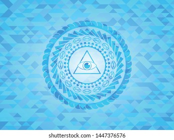 illuminati pyramid icon inside sky blue emblem with triangle mosaic background