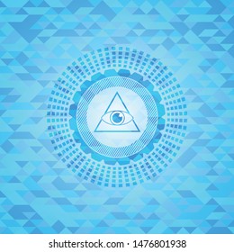 illuminati pyramid icon inside sky blue emblem with triangle mosaic background