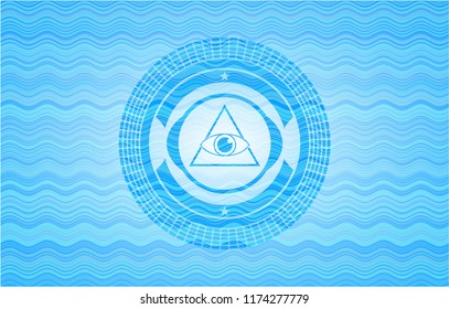 illuminati pyramid icon inside water wave representation badge.