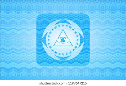 illuminati pyramid icon inside water wave representation style emblem.