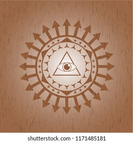 illuminati pyramid icon inside wooden emblem. Retro