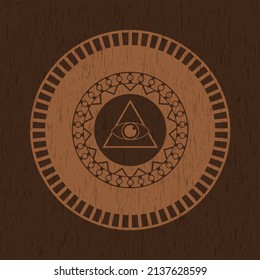 illuminati pyramid icon inside wooden emblem. Vintage. 
