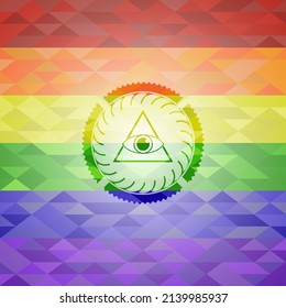 illuminati pyramid icon on mosaic background with the colors of the LGBT flag. 