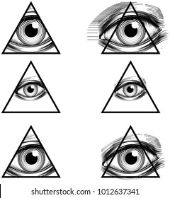 Illuminati secret society conspiracy theory illustration with All Seeing Eye symbol in pyramid triangle
