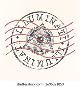 Illuminati Symbol Stamp. Old Vintage Style. Conspiracy Eye Postal Vector.