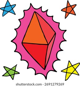 Símbolos de Illuminati, rubí rojo brillante con estrellas multicolores alrededor