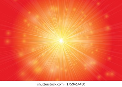 Illuminating bright light rays and particle with yellow orange and red radial gradient background. Graphic design abstract wallpaper. Vector illustration.
