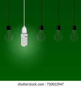Illuminating energy saving lamp among other light bulbs on a green background. Vector illustration for your design