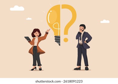 Illuminating Solutions Through Collaboration: A businesswoman presenting ideas to businessman lightbulb and question mark, symbolizing teamwork in problem-solving and innovation.