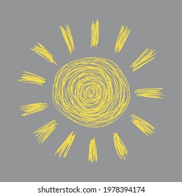 Illuminating sun isolated on ultimate gray background. Doodle. Sketch. Hand drawn vector illustration.