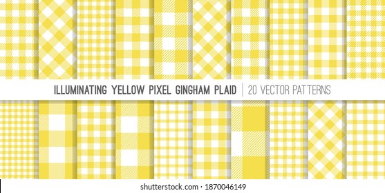 Iluminación de patrones vectores de chapa de Gingham amarillo amarillo. Tendencia de color de 2021. Pixel Buffalo Compruebe Tartán. Texturas de tela de camisas de flanco de estilos diferentes. Se Incluyeron Muestras De Mosaico De Patrón Repetido. Vector de stock