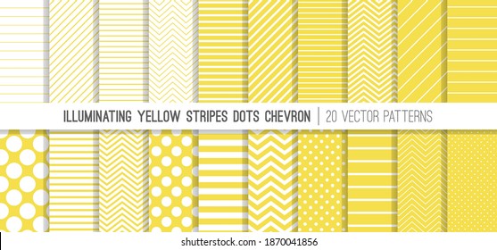 Illuminating Yellow Stripes, Polka Dots and Chevron Vector Patterns. 2021 Color Trend. 20 Pattern Tile Swatches Included.