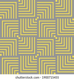 Illuminating yellow and ultimate gray abstract geometric vector seamless pattern.  Yellow lines on gray background. Crossing squares. Overlap pattern. Simple design for fabric, wallpaper, textile