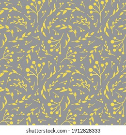 Illuminating yellow and ultimate gray floral vector seamless pattern. Yellow leaves on gray background. Abstract floral pattern. Vector illustration. Simple design for fabric, wallpaper, textile