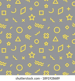 Illuminating yellow and ultimate gray Memphis style seamless geometric pattern. Vector pattern with geometric figures. Circles, triangles, stars, crosses, other shapes. Vector Memphis style background