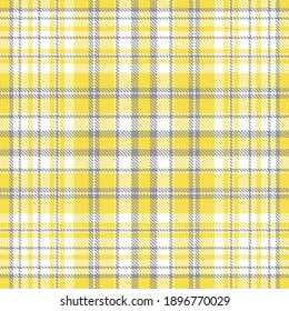 Gelbe und ultimativ graue, nahtlose Muster, Vektorgrafik. Nahtloses Tartan-Muster mit gelben und grauen Linien auf Weiß. Schachter geometrischer Hintergrund