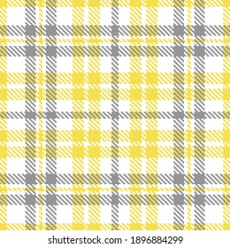 Iluminación de un patrón plateado sin costuras, de color amarillo y gris extremo, ilustración vectorial. Patrón tartán sin foco con líneas amarillas y grises sobre blanco. Fondo geométrico controlado