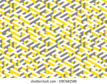 Illuminating yellow and ultimate gray seamless isometric maze. Yellow, gray and white abstract endless isometric labyrinth. Seamless geometric pattern. Vector background