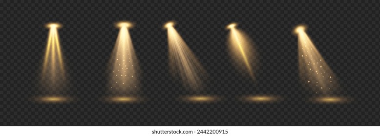 Conjunto de ilustración vectorial realista 3d de efectos de retroiluminación. Diseño de linternas de escenario brillantes. Lámparas de luz sobre fondo transparente