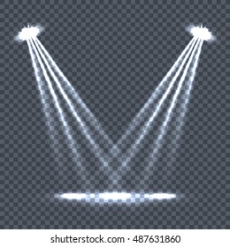 Illumination with bright light effects on transparent plaid background. Lighting with spotlights. Scene stage disco spotlight lights. Projectors light sources. Glowing glitter. Bright sparkle. Vector