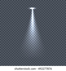 Illumination with bright light effects on transparent plaid background. Lighting with spotlights. Scene stage disco spotlight lights. Projectors light sources. Glowing glitter. Bright sparkle. Vector