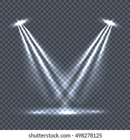 Illumination with bright light effects on transparent plaid background. Lighting with spotlights. Scene stage disco spotlight lights. Projectors light sources. Glowing glitter. Bright sparkle. Vector