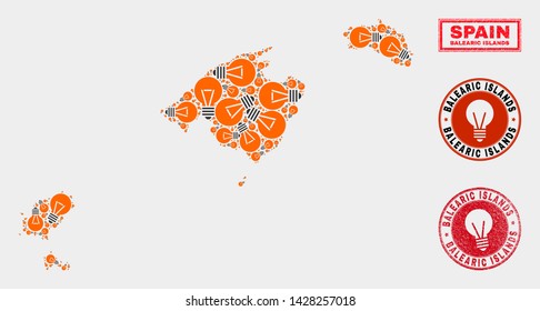 Illumination bulb mosaic Balearic Islands map and rubber rounded seals. Mosaic vector Balearic Islands map is composed with power bulb elements. Concept for electric business.