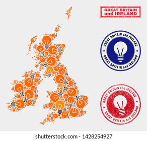 Illumination bulb mosaic Great Britain and Ireland map and grunge rounded watermarks. Mosaic vector Great Britain and Ireland map is created with illumination bulb icons.