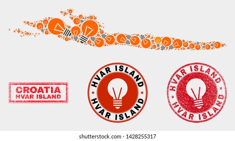 Illumination bulb mosaic Hvar Island map and rubber rounded stamps. Mosaic vector Hvar Island map is composed with illumination bulb items. Concept for power supply services.