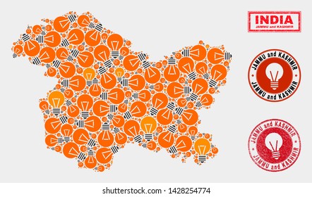 Illumination bulb mosaic Jammu and Kashmir State map and rubber round stamp seals. Mosaic vector Jammu and Kashmir State map is created with electric bulb elements. Concept for electric business.