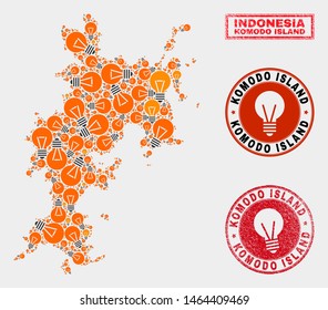 Illumination bulb mosaic Komodo Island map and grunge rounded stamps. Mosaic vector Komodo Island map is designed with illumination bulb icons. Templates for patent business.