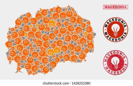 Illumination bulb mosaic Macedonia map and grunge rounded stamp seals. Mosaic vector Macedonia map is designed with light bulb elements. Concept for patent business. Orange and red colors used.