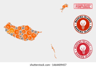 Illumination bulb mosaic Madeira Islands map and rubber rounded stamps. Mosaic vector Madeira Islands map is composed with electrical bulb icons. Abstraction for patent business.