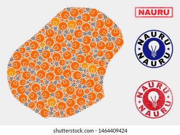Illumination bulb mosaic Nauru map and grunge round watermarks. Mosaic vector Nauru map is composed with illumination bulb elements. Templates for electric services. Orange and red colors used.