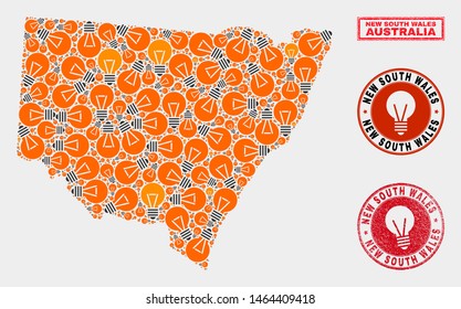 Illumination bulb mosaic New South Wales map and rubber round stamps. Mosaic vector New South Wales map is created with electrical bulb symbols. Abstract images for electric business.